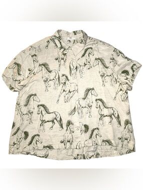 Linen Blend Cropped Horse Print Blouse